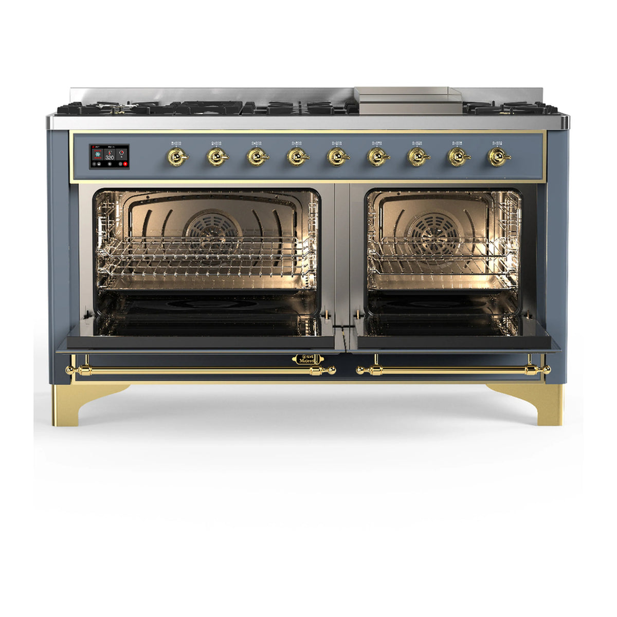 Blue grey dual fuel range with brass trim; two oven doors open showing racks and fans.