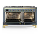 ILVE Majestic III 60-inch Dual Fuel Range with 5 Liquid Propane Burner, Griddle and Triple Glass Door Electric Oven in Blue Grey with Brass Trim (UM60FNR3BGGLP)