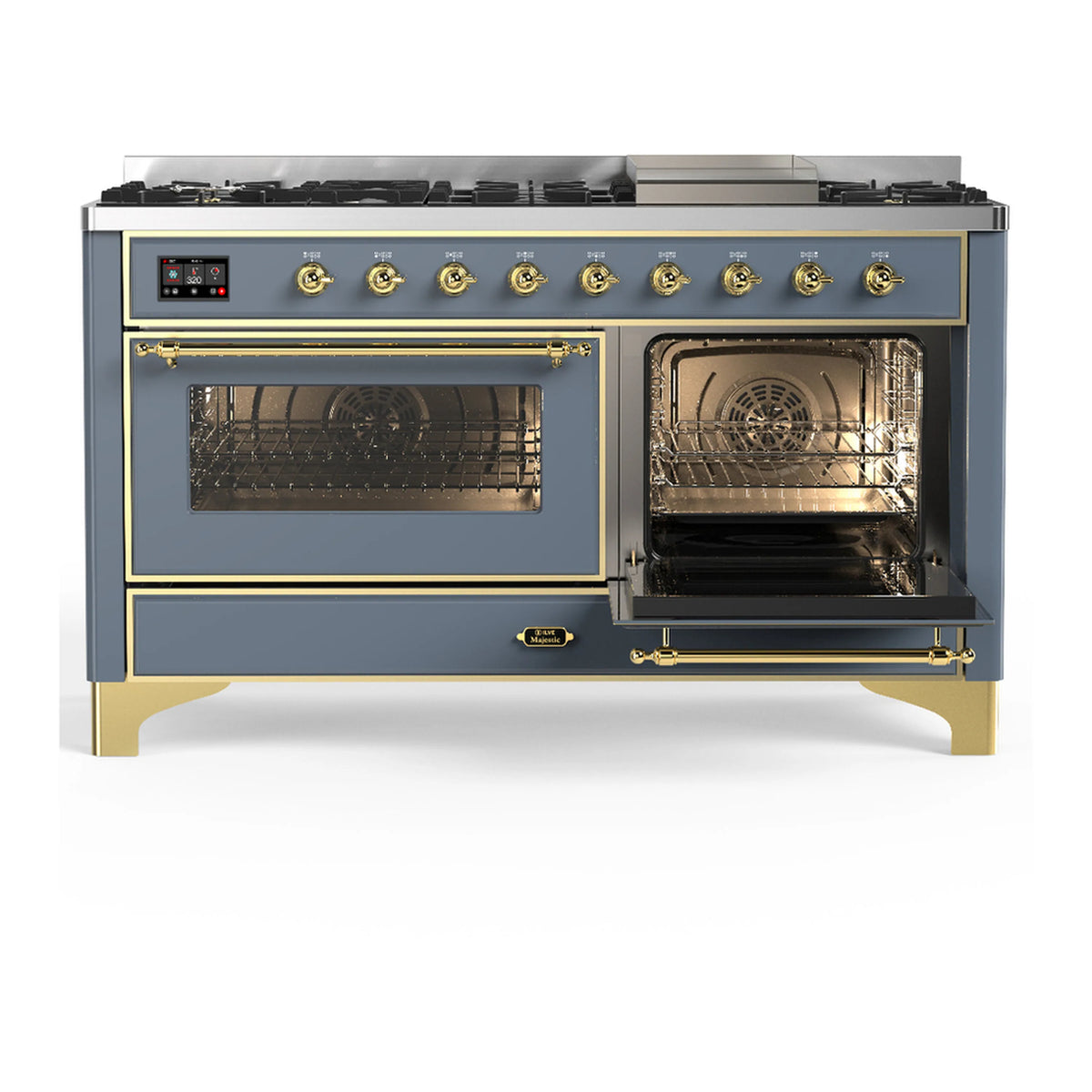 Blue grey dual fuel range with brass trim; oven doors open to reveal two lit ovens.