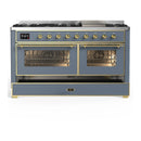 ILVE Majestic III 60-inch Dual Fuel Range with 5 Liquid Propane Burner, Griddle and Triple Glass Door Electric Oven in Blue Grey with Brass Trim (UM60FNR3BGGLP)