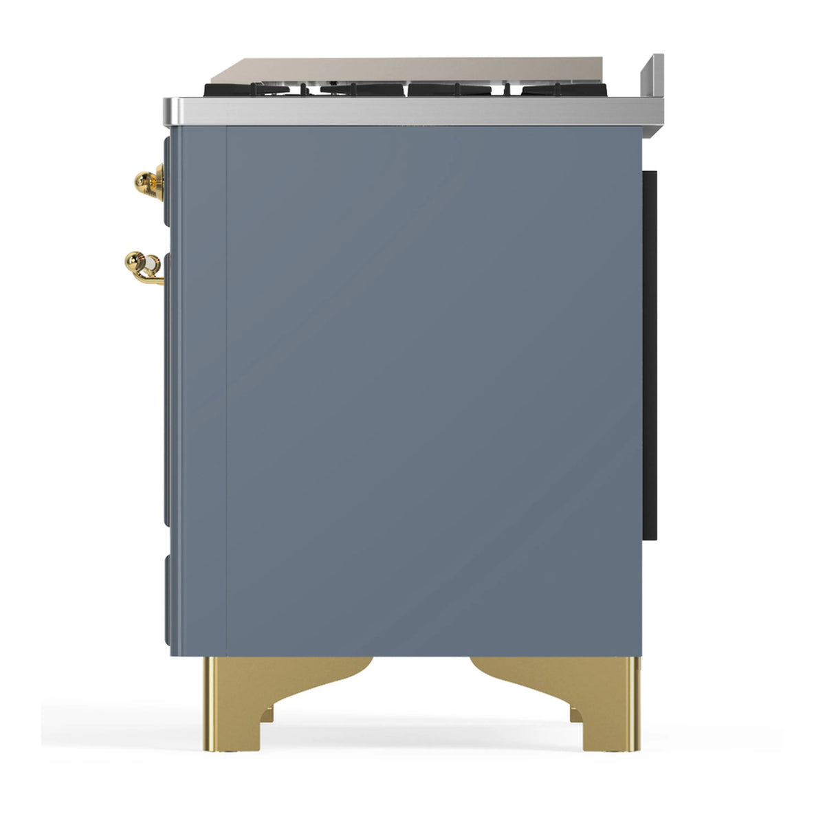 Blue grey rear side of a dual fuel range with brass trim and mounting hardware.