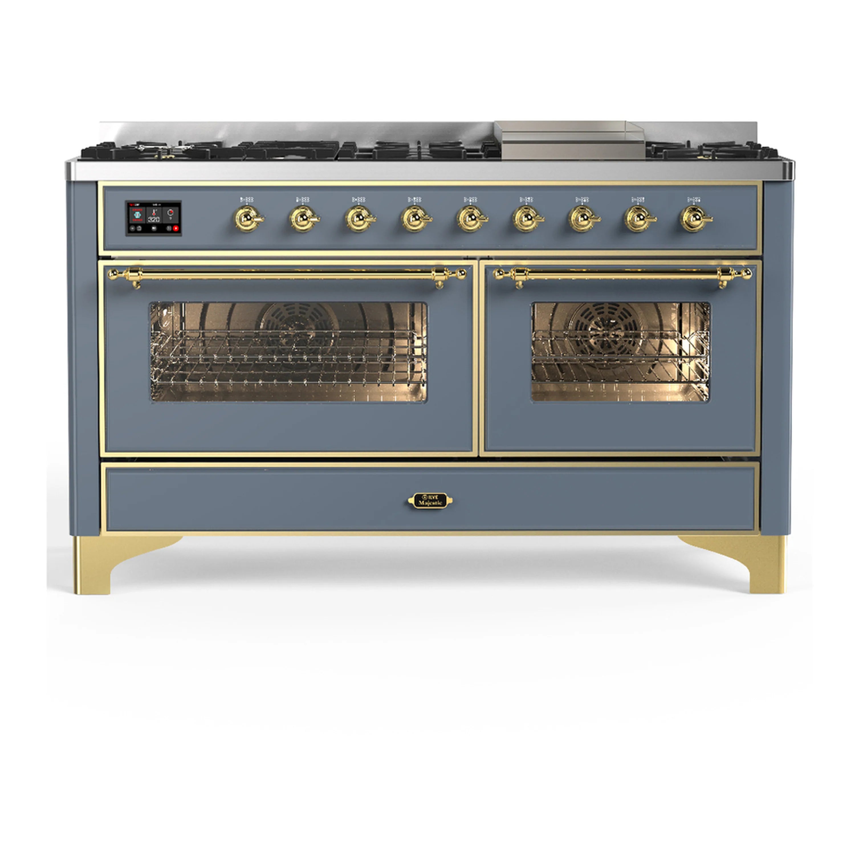 Blue grey dual fuel range with brass trim; two oven doors closed with window panels.