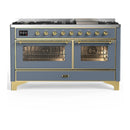 ILVE Majestic III 60-inch Dual Fuel Range with 5 Liquid Propane Burner, Griddle and Triple Glass Door Electric Oven in Blue Grey with Brass Trim (UM60FNR3BGGLP)