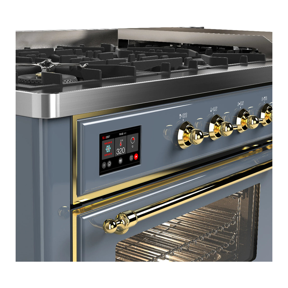Blue-grey dual fuel range control panel with brass knobs and black burner grates