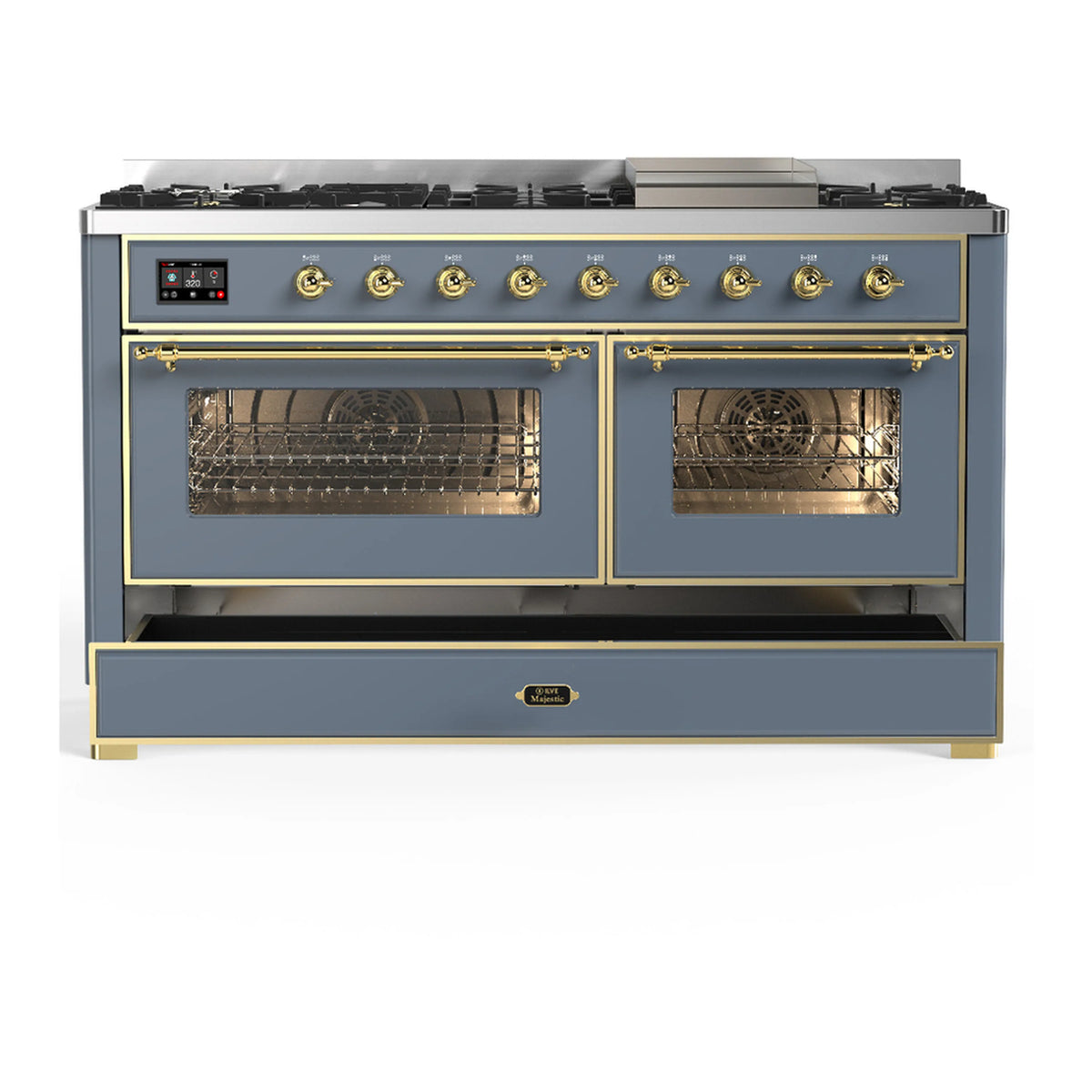 Blue-grey dual fuel range with two open oven doors and brass trim accents