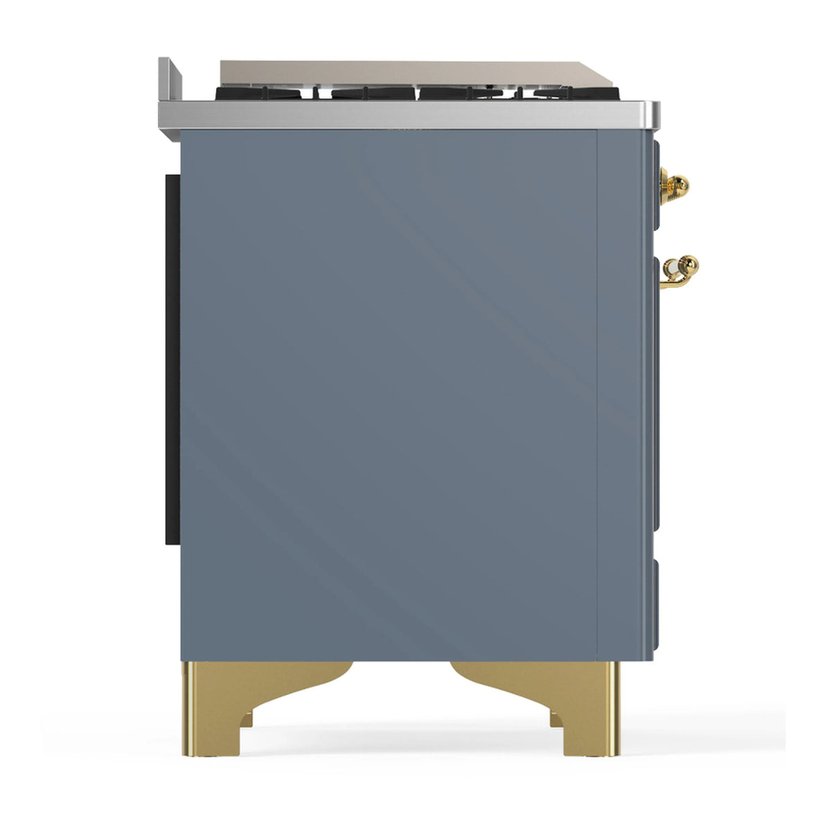 Back view of blue-grey dual fuel range with brass side handles and rear panel