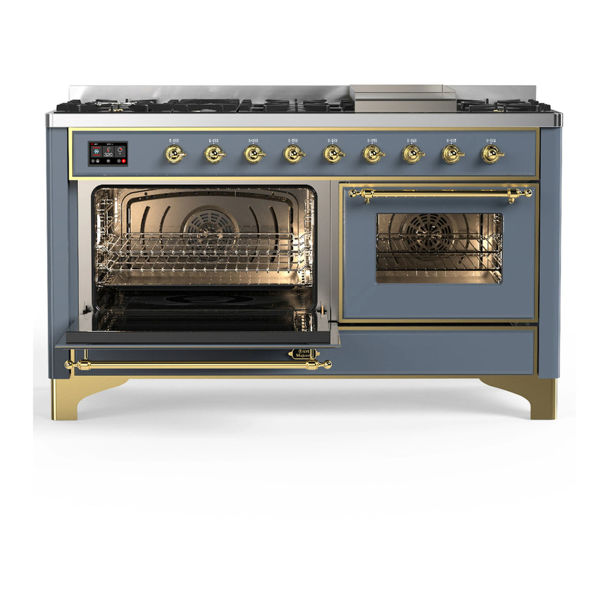 Front view of blue-grey dual fuel range with open ovens, wire racks, and brass trim