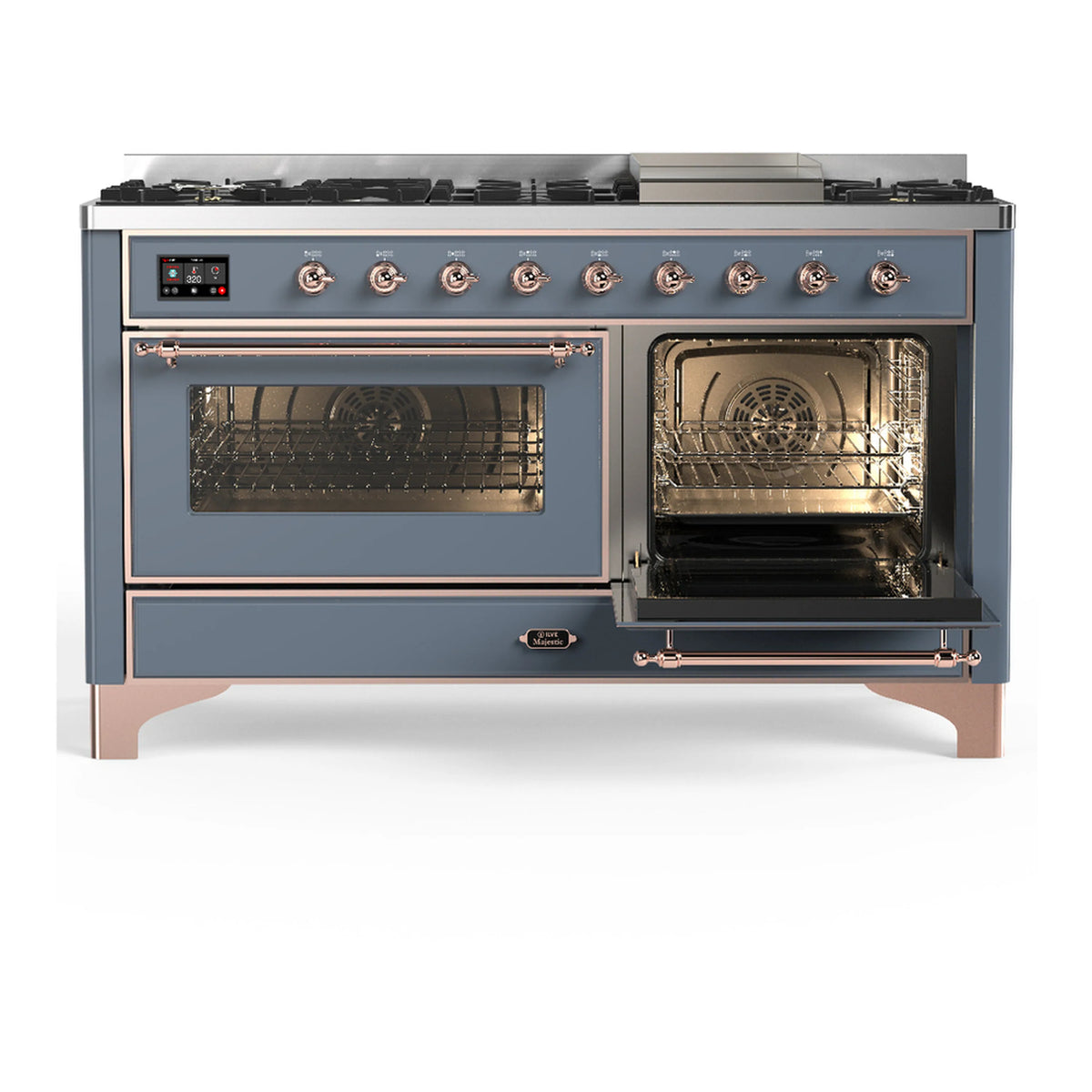Blue gray dual fuel range with left oven door open, wire racks visible, copper trim
