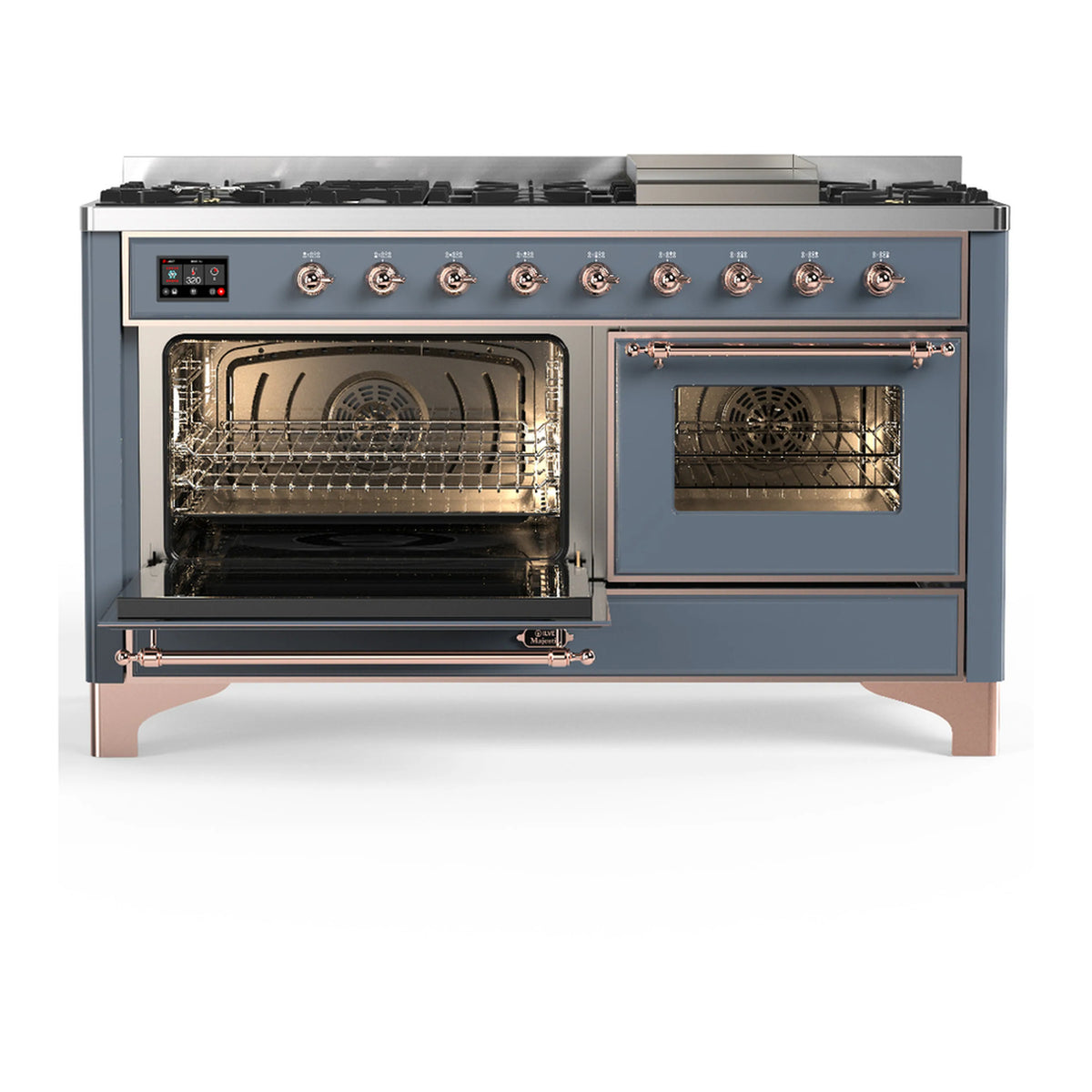 Blue-grey dual fuel range with copper trim; oven doors open and grilling compartment visible