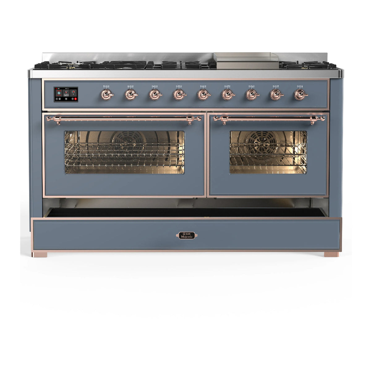 Blue-grey dual fuel range with copper trim; two oven doors open and warming drawer