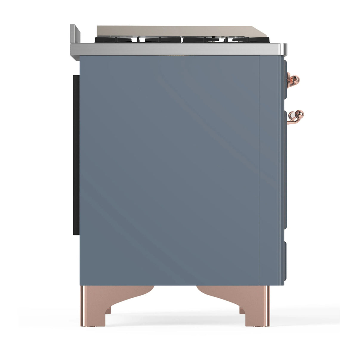 Blue-grey side of dual fuel range with copper connections and black side panel
