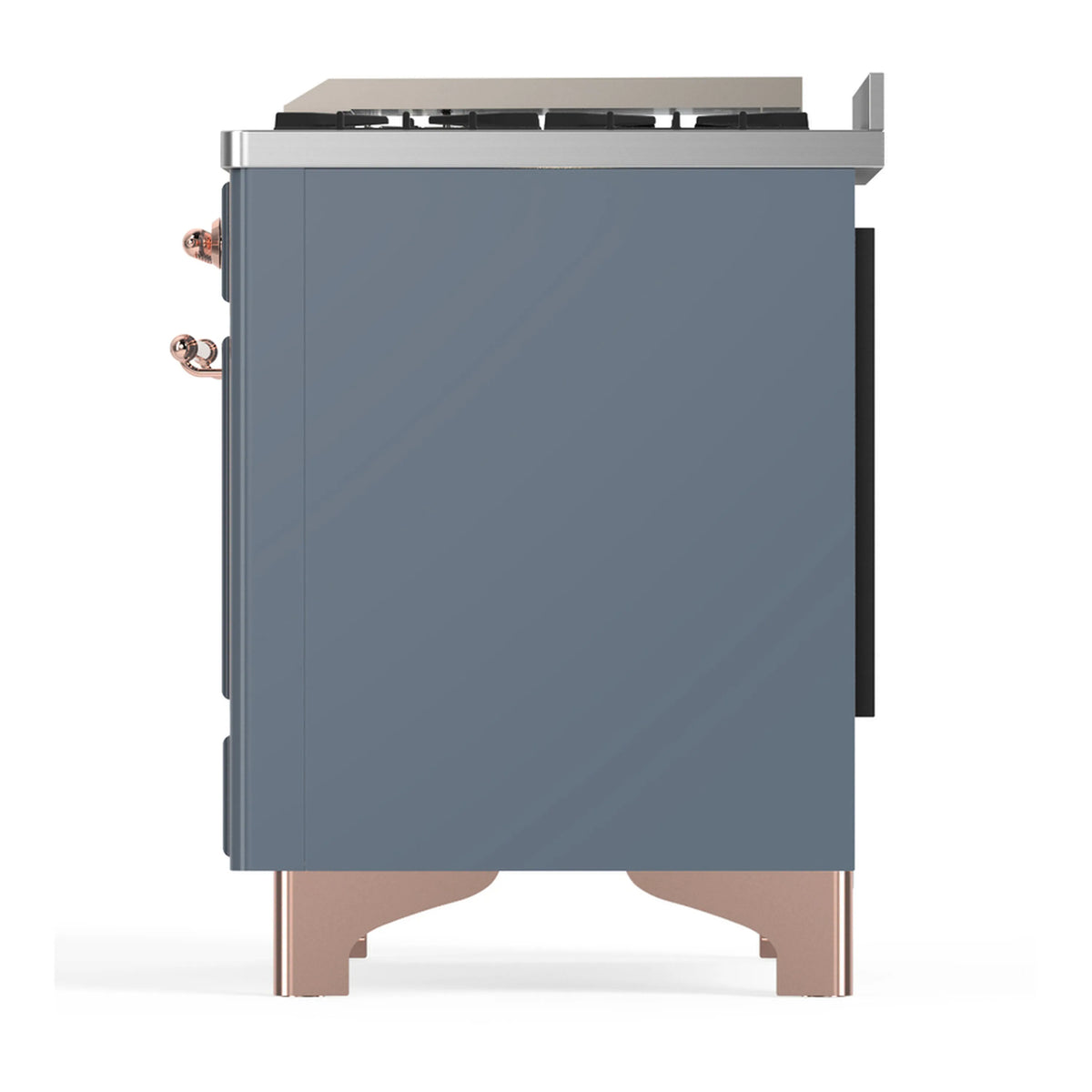 Blue-grey rear side of dual fuel range with copper knobs and side ventilation panel