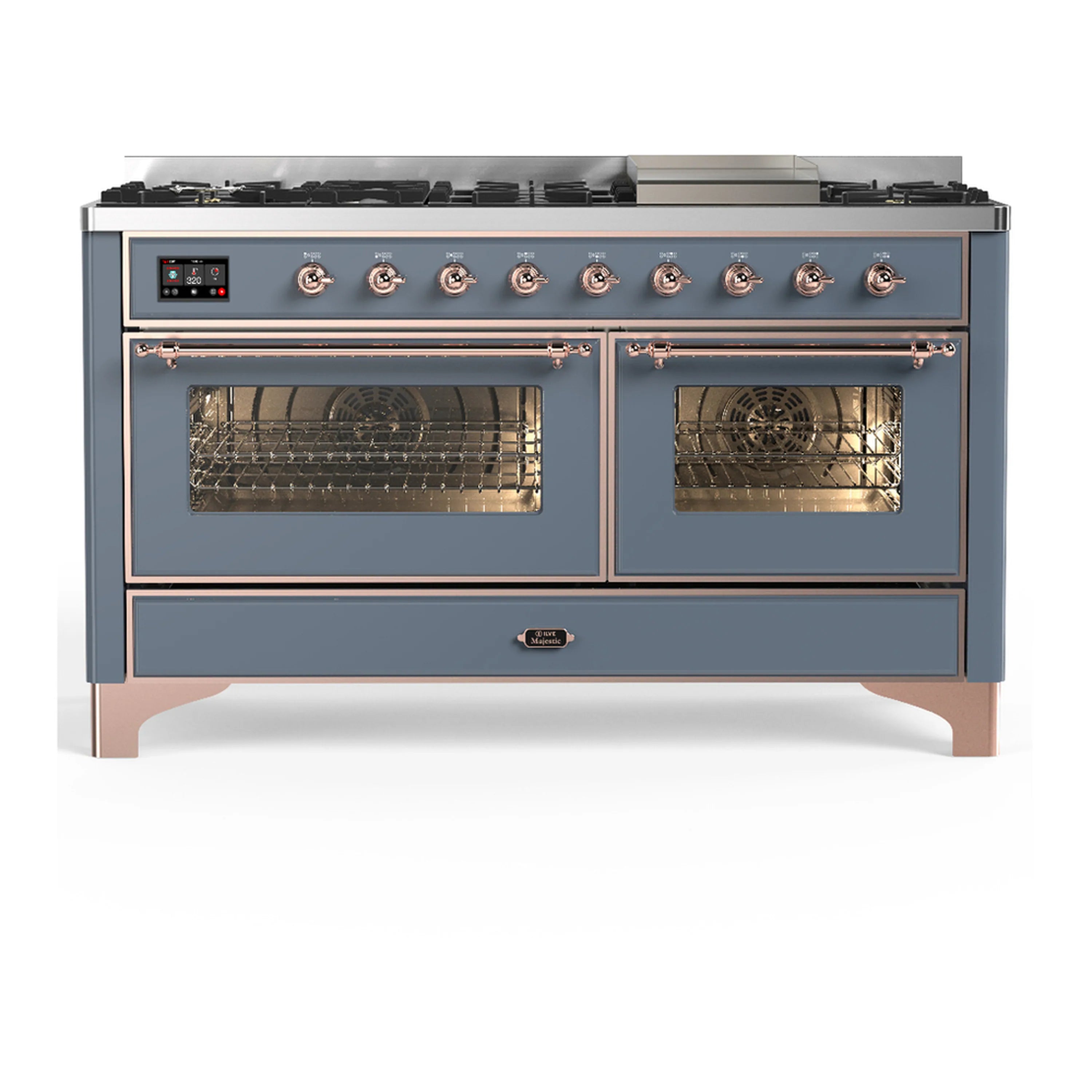 Blue-grey dual fuel range with copper trim; both oven doors closed with glass windows