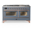 ILVE Majestic III 60-inch Dual Fuel Range with 7 Natural Gas Burner, Griddle and Triple Glass Door Electric Oven in Blue Grey with Copper Trim (UM60FNR3BGP)