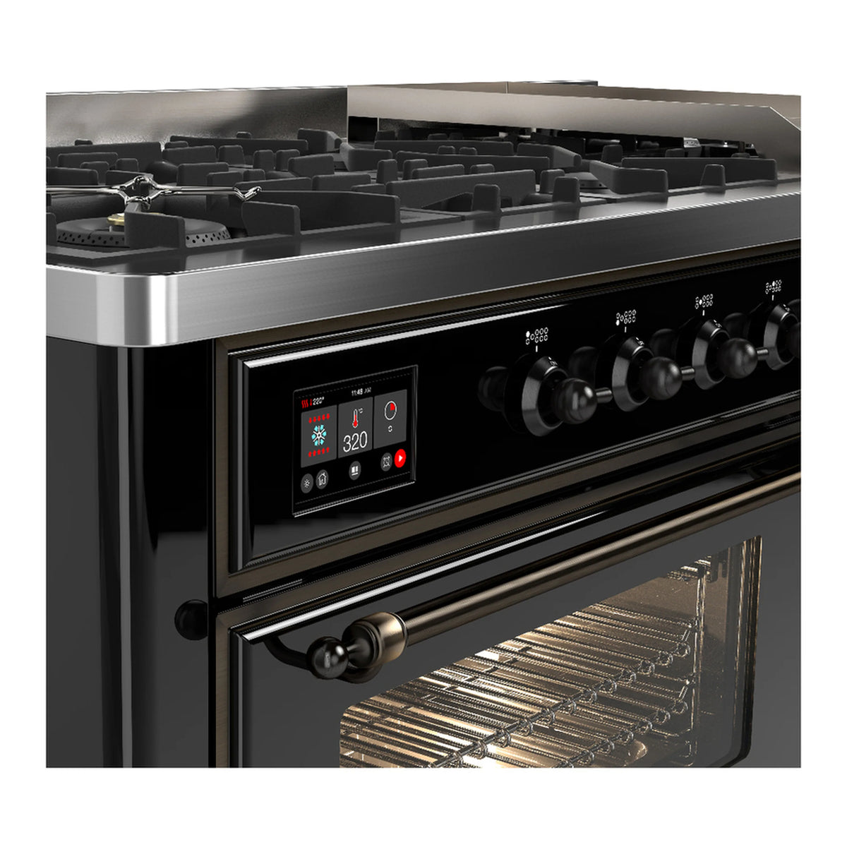 Glossy black dual fuel range control panel with oven interior racks visible