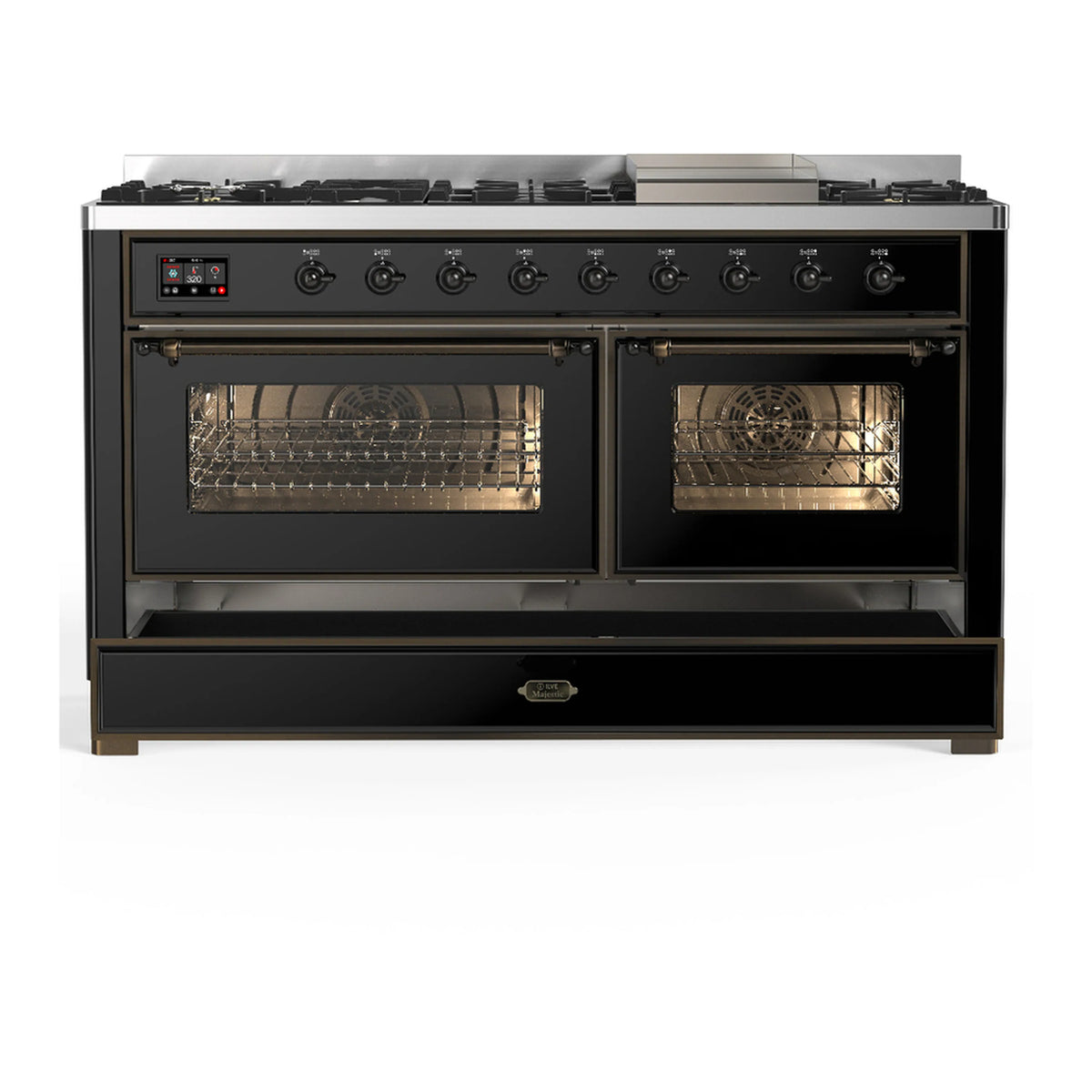 Glossy black dual fuel range with both oven doors open and lower drawer