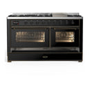 ILVE Majestic III 60-inch Dual Fuel Range with 5 Liquid Propane Burner, Griddle and Triple Glass Door Electric Oven in Glossy Black with Burnished Trim (UM60FNR3BKBLP)