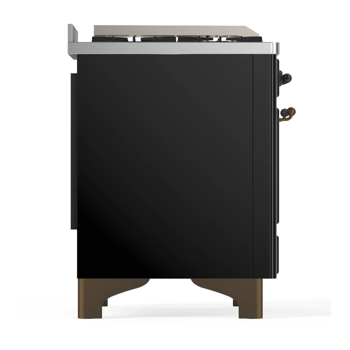 Glossy black dual fuel range side panel with backguard and brass feet