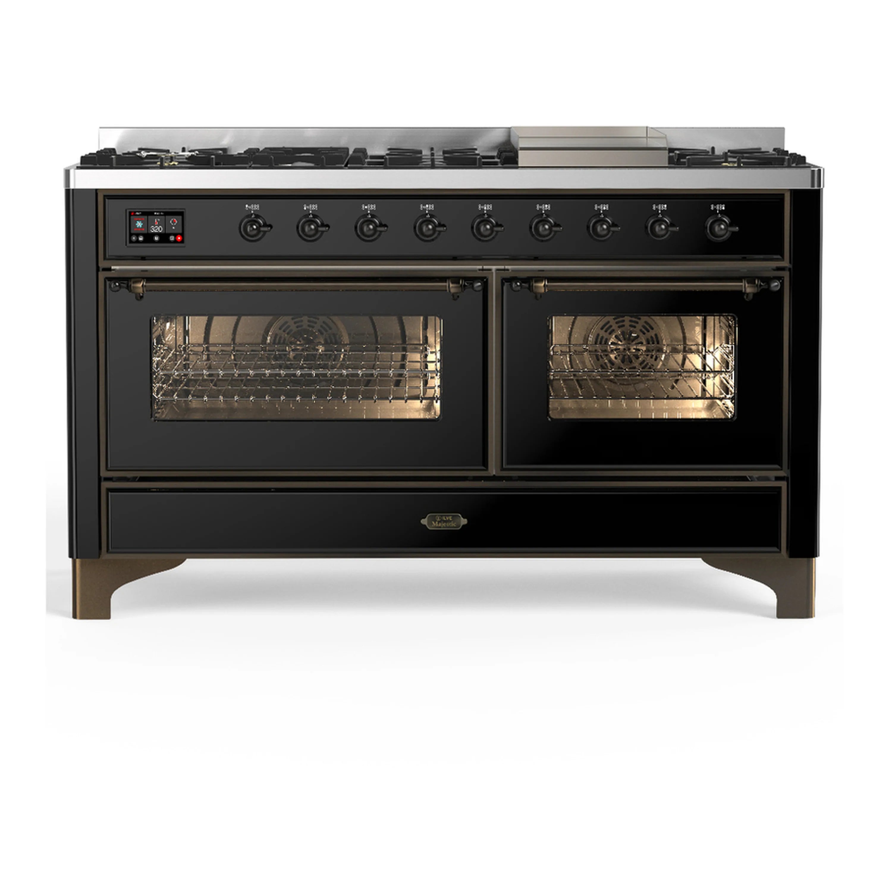 Glossy black dual fuel range with both ovens open, showing racks and oven fans