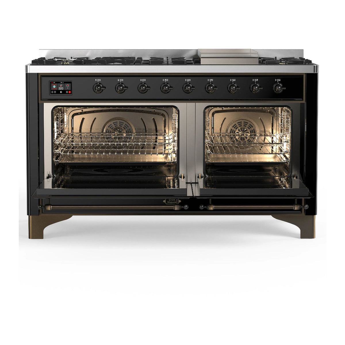 Glossy black dual fuel range with both oven doors open and burner controls across top