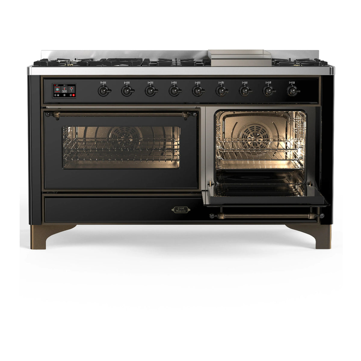 Glossy black dual fuel range front with two open oven compartments and control knobs