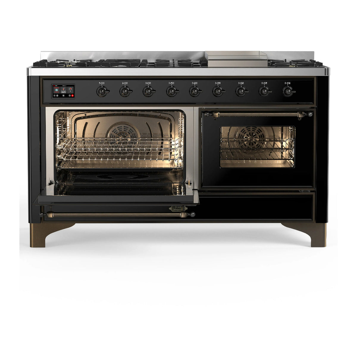 Glossy black dual fuel range with both oven doors open, showing lit interiors