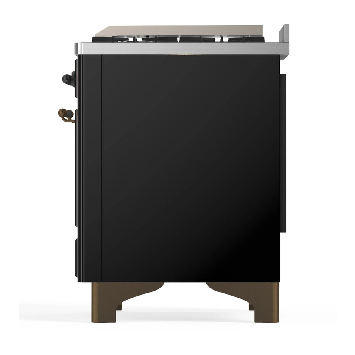 Glossy black dual fuel range rear side panel with stainless trim and brass connections