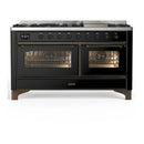 ILVE Majestic III 60-inch Dual Fuel Range with 7 Natural Gas Burner, Griddle and Triple Glass Door Electric Oven in Glossy Black with Burnished Trim (UM60FNR3BKB)