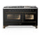 ILVE Majestic III 60-inch Dual Fuel Range with 7 Natural Gas Burner, Griddle and Triple Glass Door Electric Oven in Glossy Black with Burnished Trim (UM60FNR3BKB)