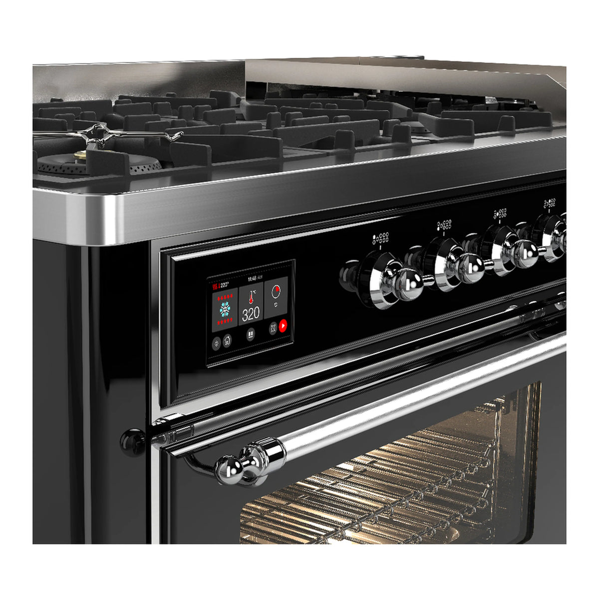 Glossy black dual fuel range with chrome trim, front controls and open oven door