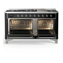 ILVE Majestic III 60-inch Dual Fuel Range with 5 Liquid Propane Burner, Griddle and Triple Glass Door Electric Oven in Glossy Black with Chrome Trim (UM60FNR3BKCLP)