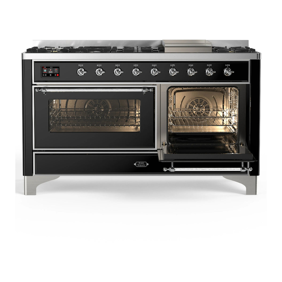 Glossy black dual fuel range with oven doors open, glass windows and control panel