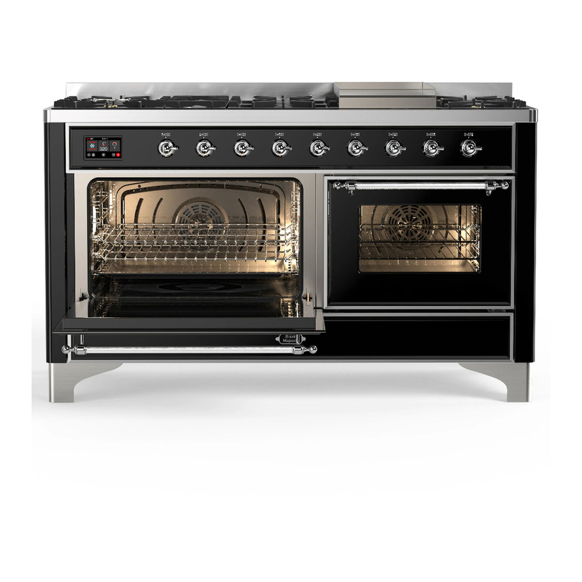 Glossy black dual fuel range with both ovens open and visible racks inside