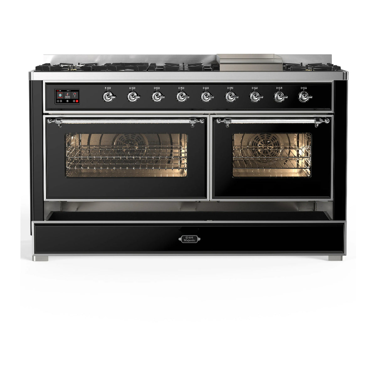 Glossy black dual fuel range with chrome trim, oven doors open showing warming racks