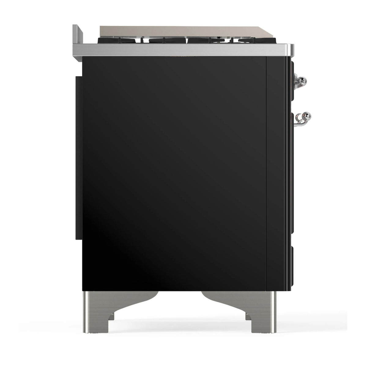 Glossy black dual fuel range side view with chrome legs and exterior control hardware