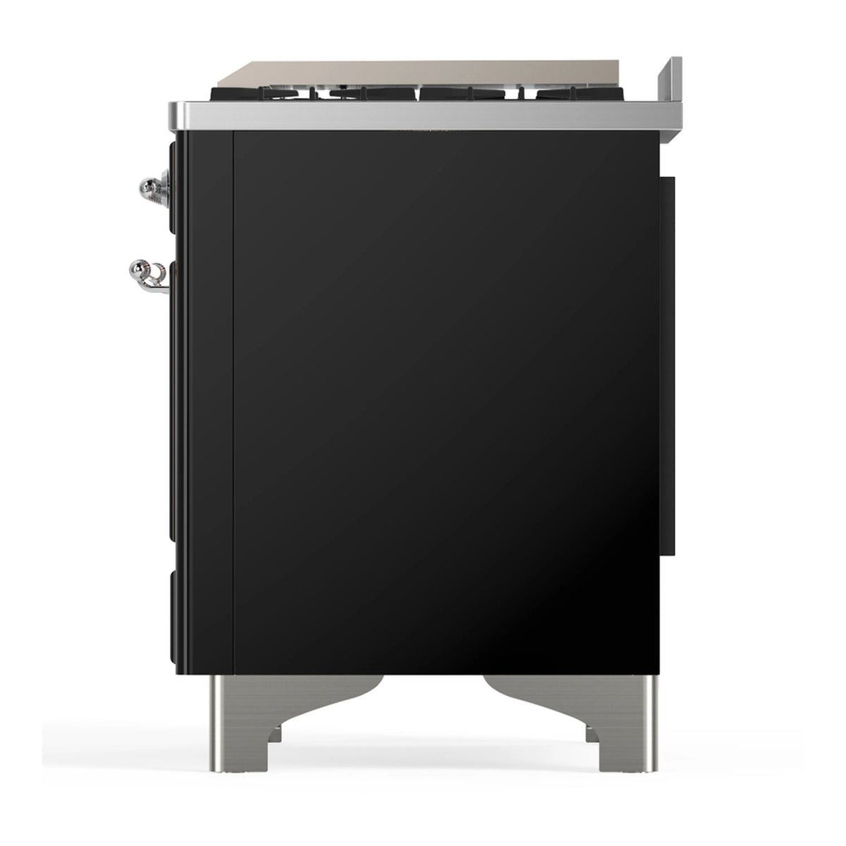 Glossy black dual fuel range rear side view with chrome trim and leveler feet