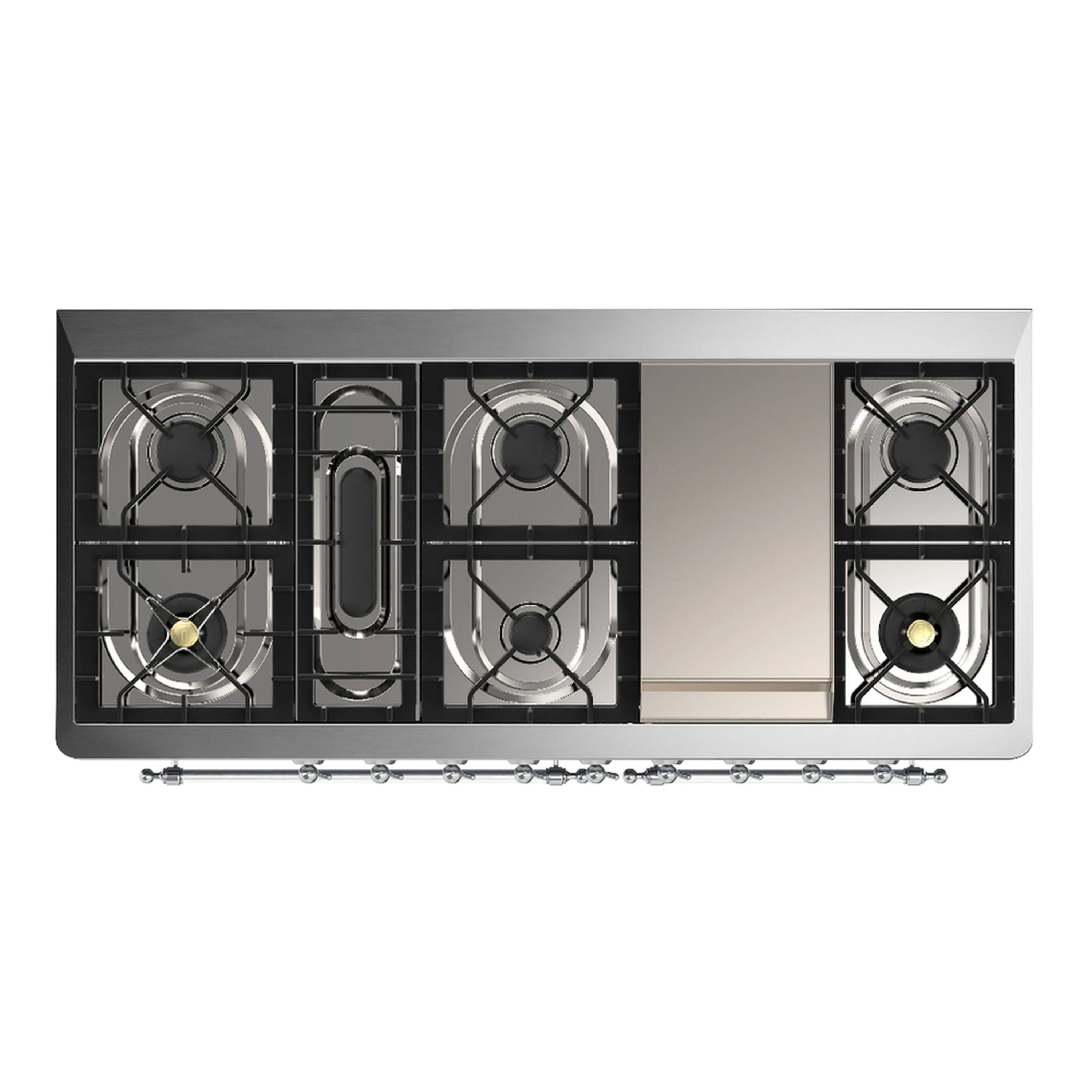 Dual fuel range cooktop underside showing four gas burners and grates