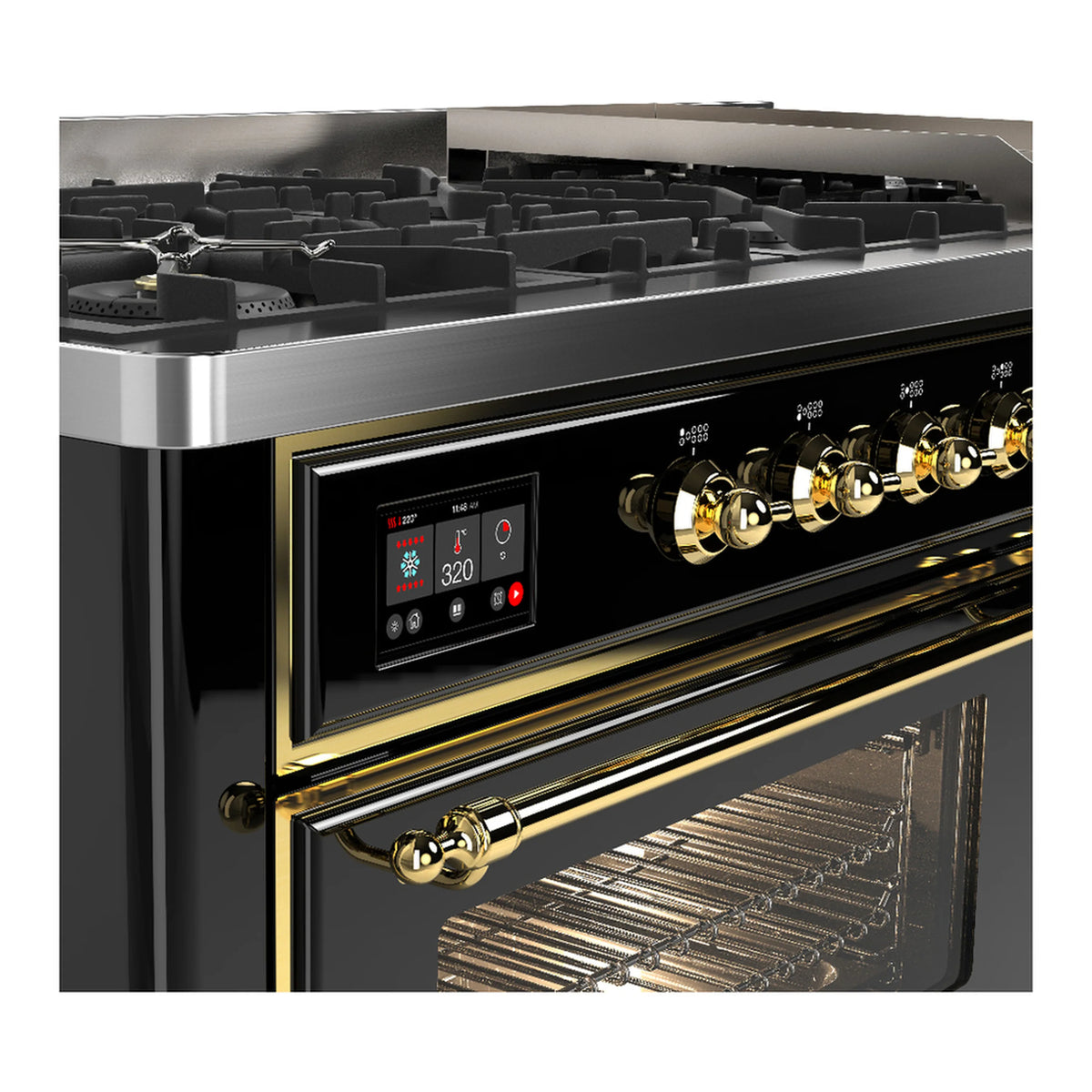 Glossy black dual fuel range with brass control knobs and open oven door
