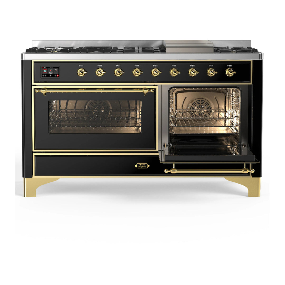 Glossy black dual fuel range with left oven door open and brass trim