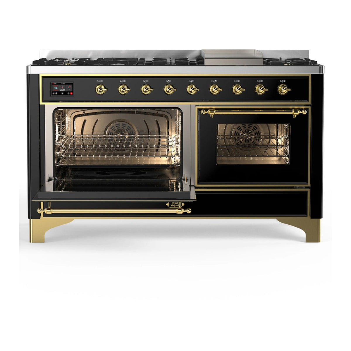 Glossy black dual fuel range with both oven doors open and brass handle trim