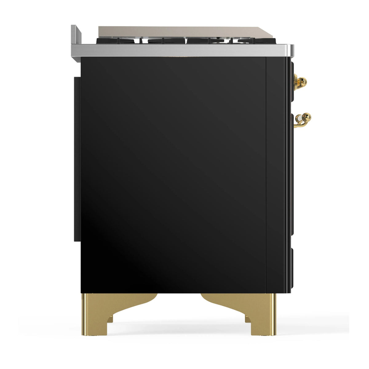 Glossy black side view dual fuel range with brass legs and side hardware