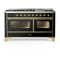 ILVE Majestic III 60-inch Dual Fuel Range with 5 Liquid Propane Burner, Griddle and Triple Glass Door Electric Oven in Glossy Black with Brass Trim (UM60FNR3BKGLP)