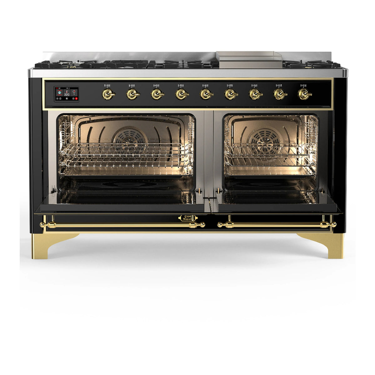 ILVE Majestic III dual fuel range, glossy black with brass trim, two oven doors open