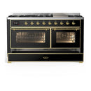 ILVE Majestic III 60-inch Dual Fuel Range with 7 Natural Gas Burner, Griddle and Triple Glass Door Electric Oven in Glossy Black with Brass Trim (UM60FNR3BKG)