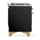 ILVE Majestic III 60-inch Dual Fuel Range with 7 Natural Gas Burner, Griddle and Triple Glass Door Electric Oven in Glossy Black with Brass Trim (UM60FNR3BKG)