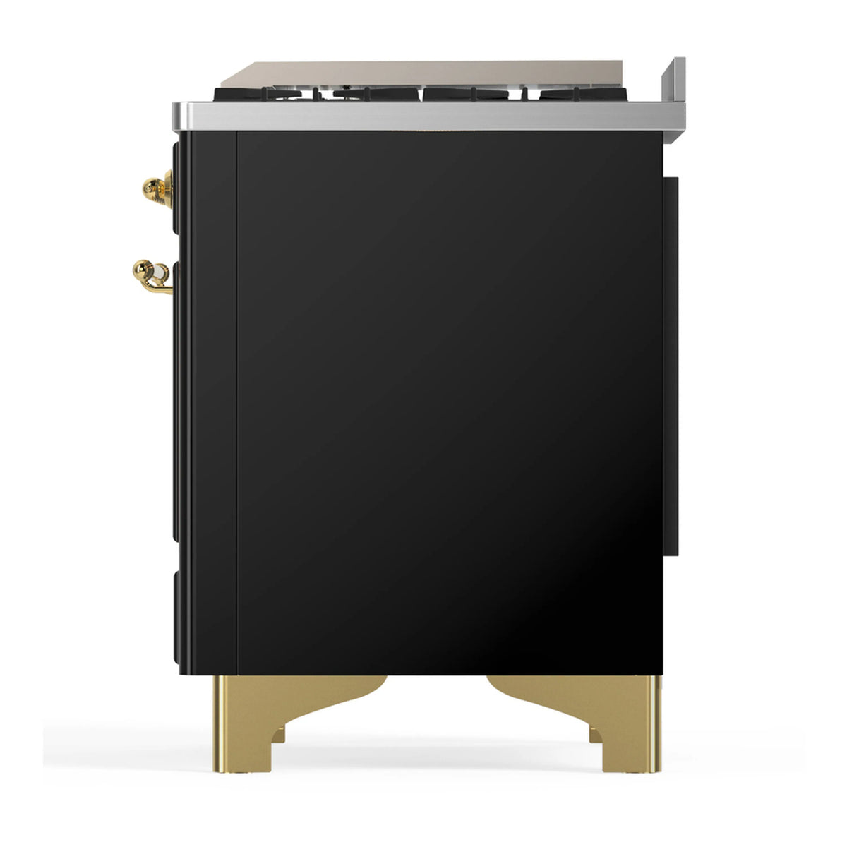 ILVE Majestic III dual fuel range angled side view, glossy black with brass trim and legs