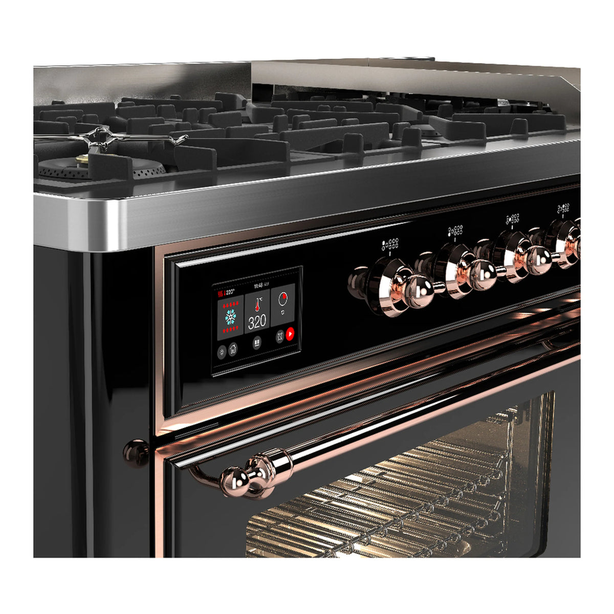 Glossy black dual fuel range with copper-trim control panel and oven glass door