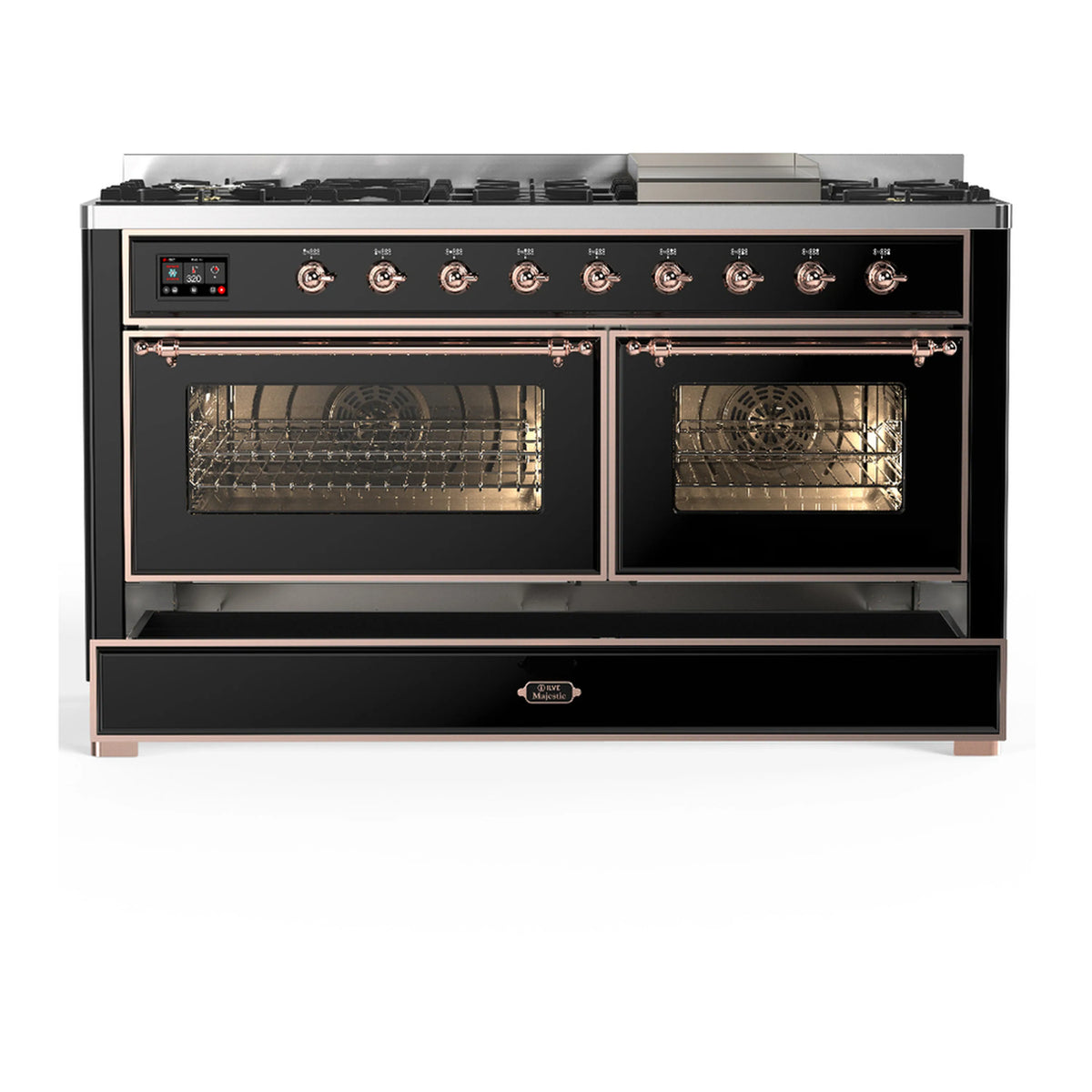 Glossy black dual fuel range with two oven doors open, oven compartments shown