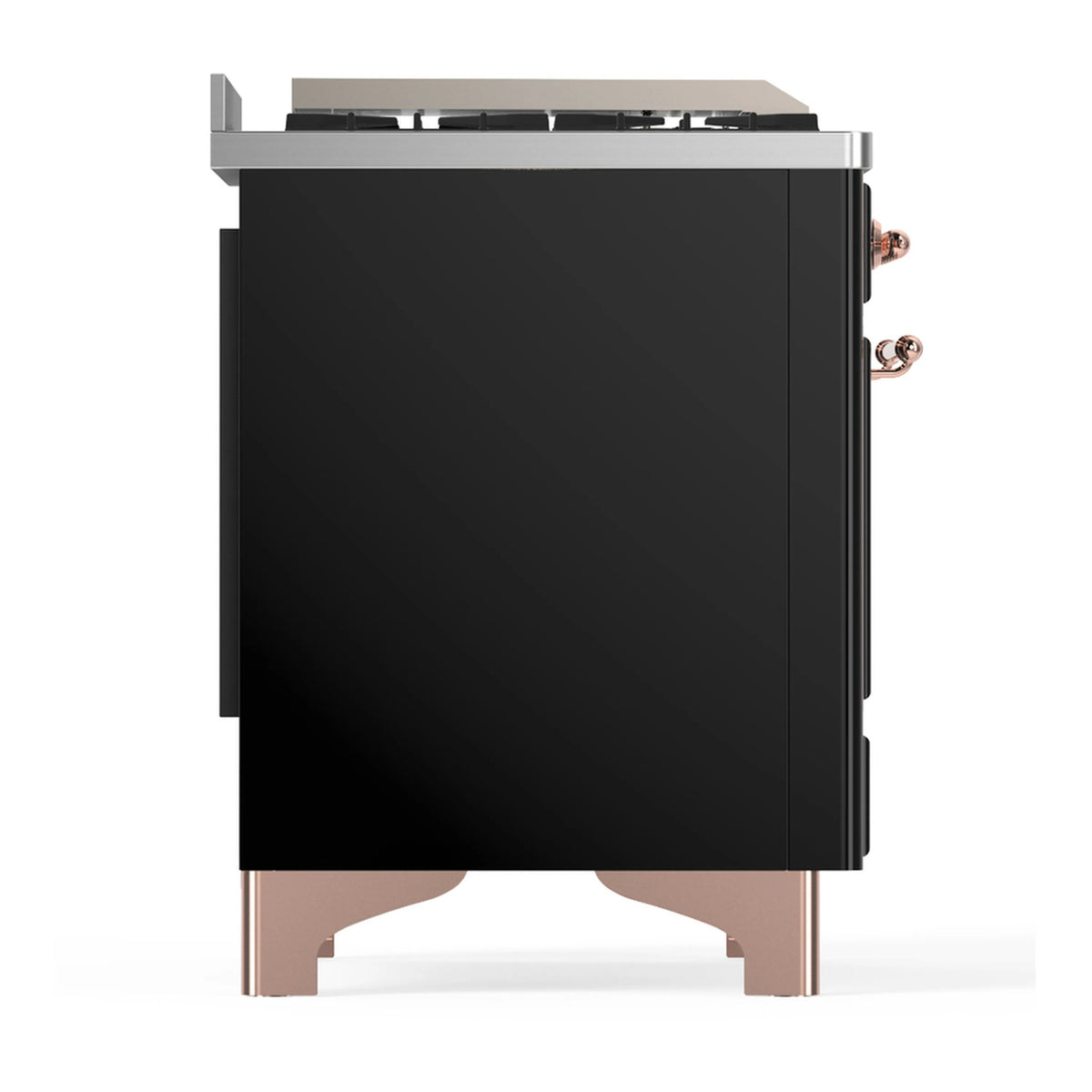Glossy black dual fuel range side panel with copper trim and corner details
