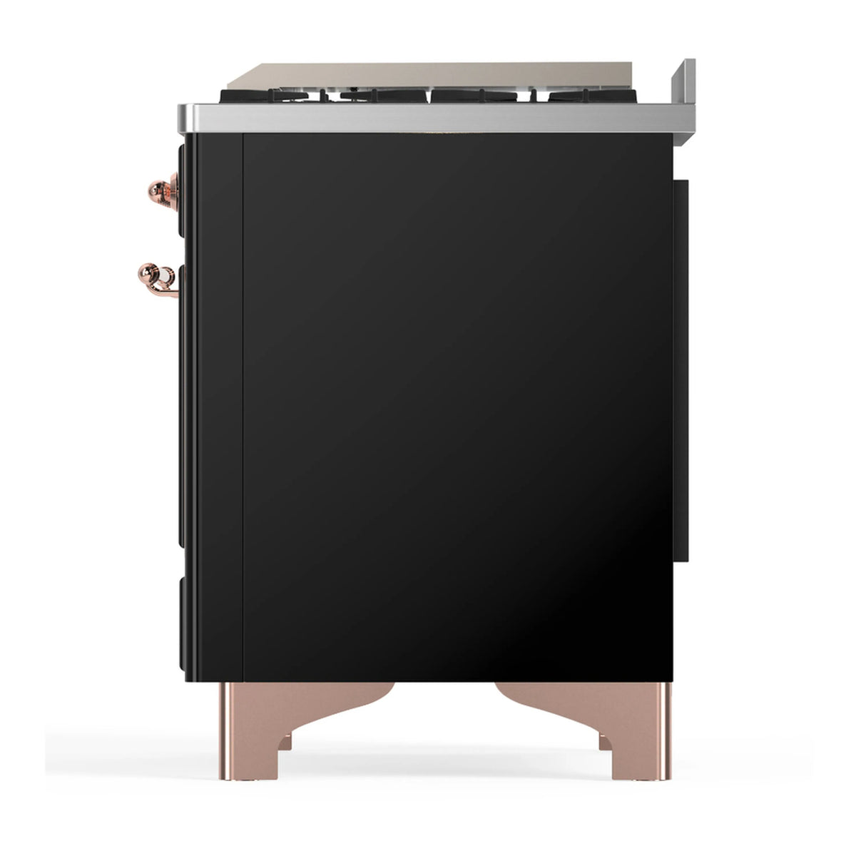 Glossy black dual fuel range rear-side view with copper trim and side knobs
